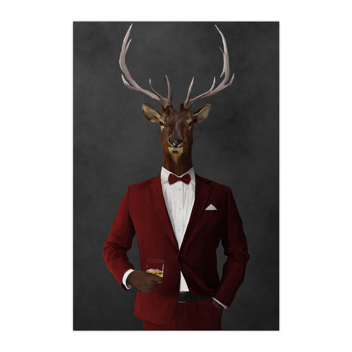 Elk drinking whiskey wearing red suit large wall art print