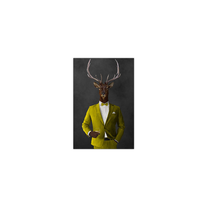 Elk drinking whiskey wearing yellow suit small wall art print