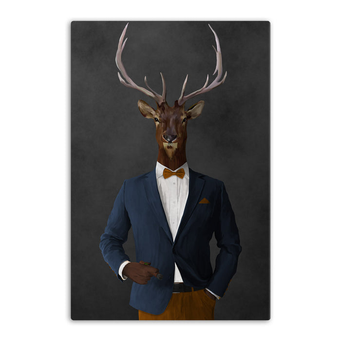 Elk smoking cigar wearing navy and orange suit canvas wall art