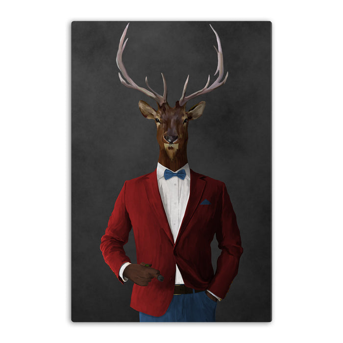 Elk smoking cigar wearing red and blue suit canvas wall art