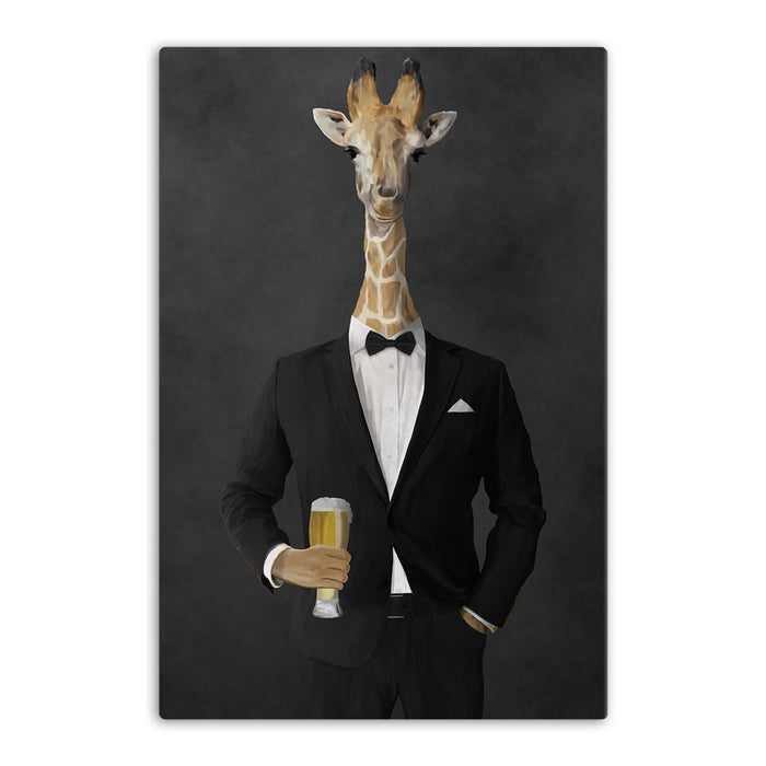 Giraffe drinking beer wearing black suit canvas wall art