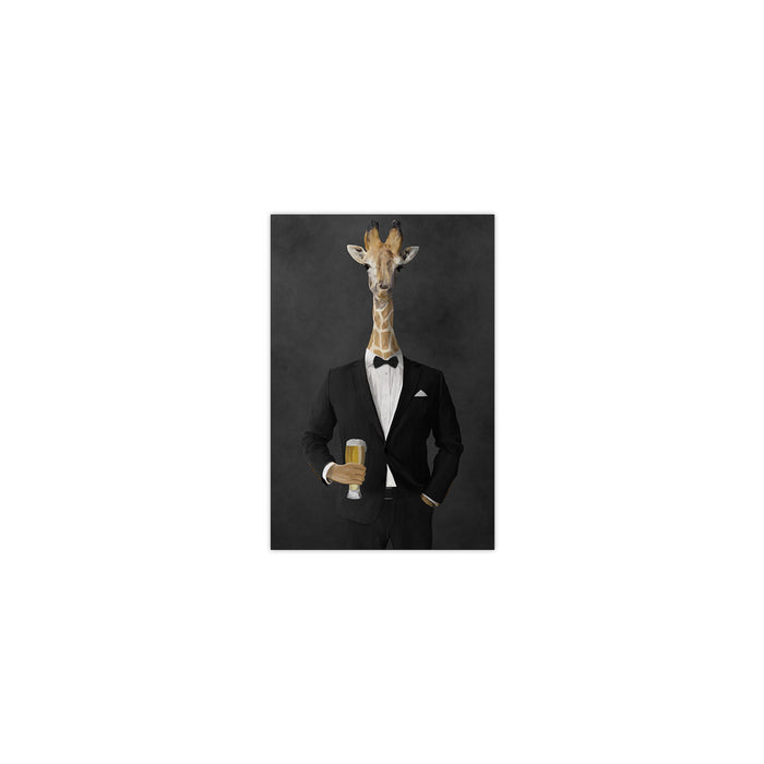 Giraffe drinking beer wearing black suit small wall art print