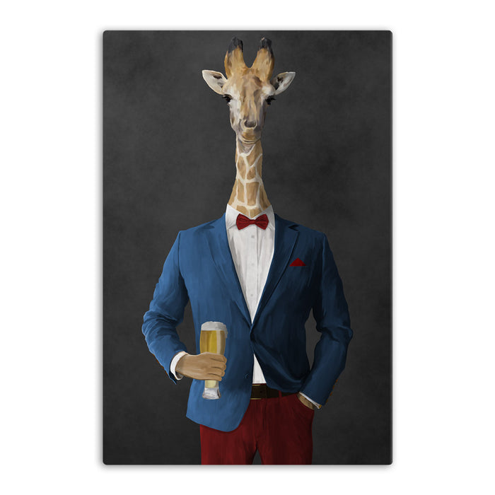 Giraffe drinking beer wearing blue and red suit canvas wall art