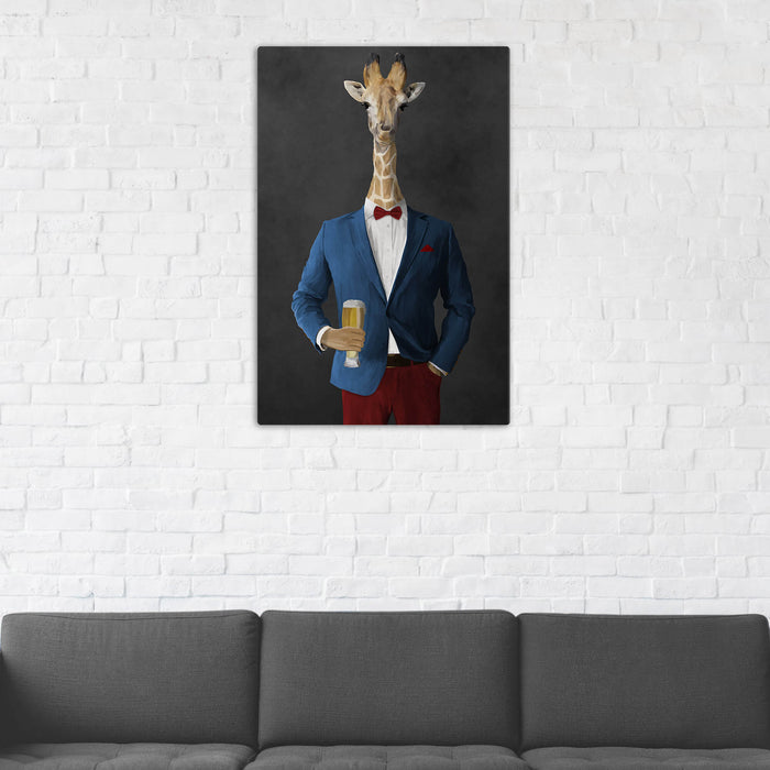 Giraffe Drinking Beer Wall Art - Blue and Red Suit