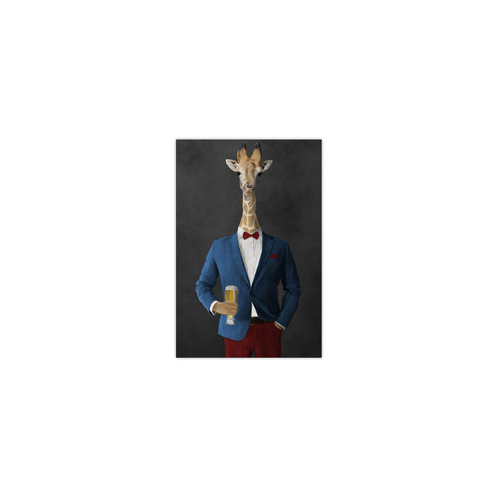 Giraffe drinking beer wearing blue and red suit small wall art print