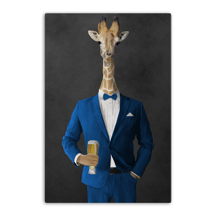 Giraffe drinking beer wearing blue suit canvas wall art