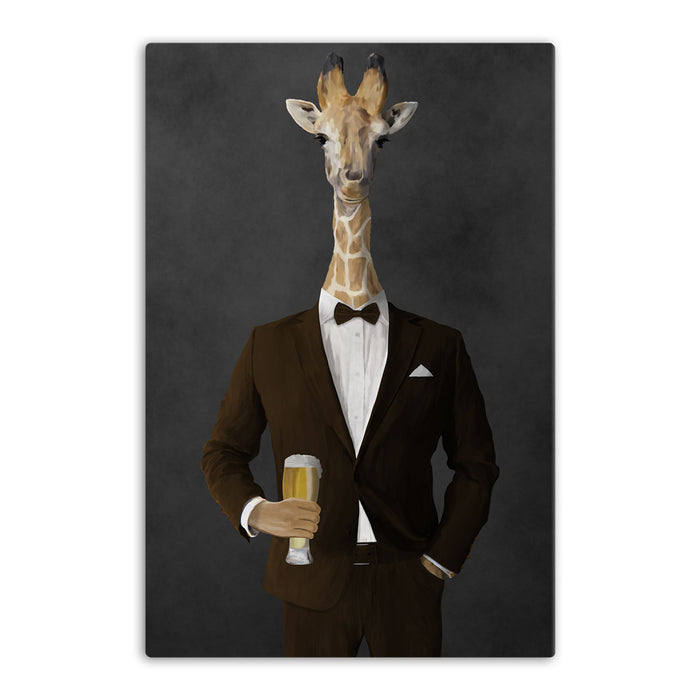 Giraffe drinking beer wearing brown suit canvas wall art