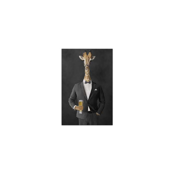 Giraffe drinking beer wearing gray suit small wall art print