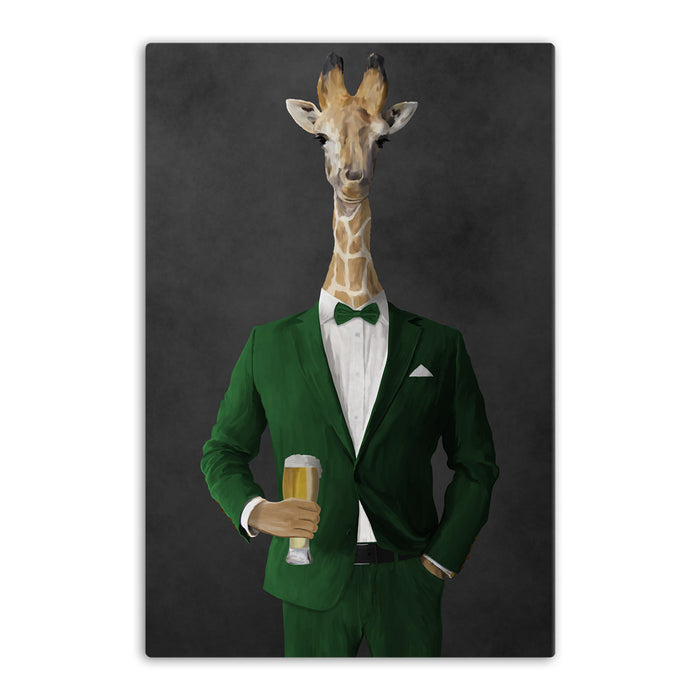 Giraffe drinking beer wearing green suit canvas wall art