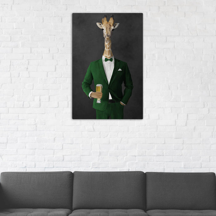 Giraffe Drinking Beer Wall Art - Green Suit