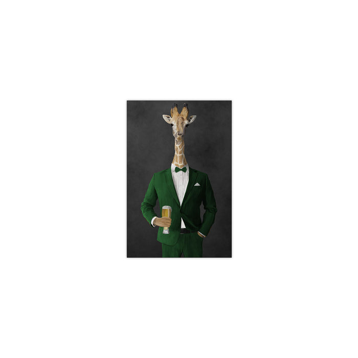 Giraffe drinking beer wearing green suit small wall art print