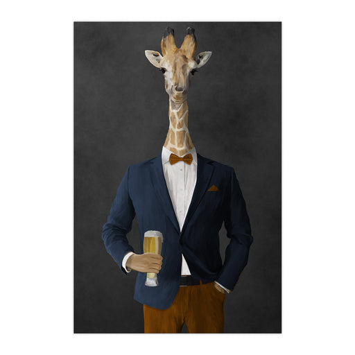 Giraffe drinking beer wearing navy and orange suit large wall art print