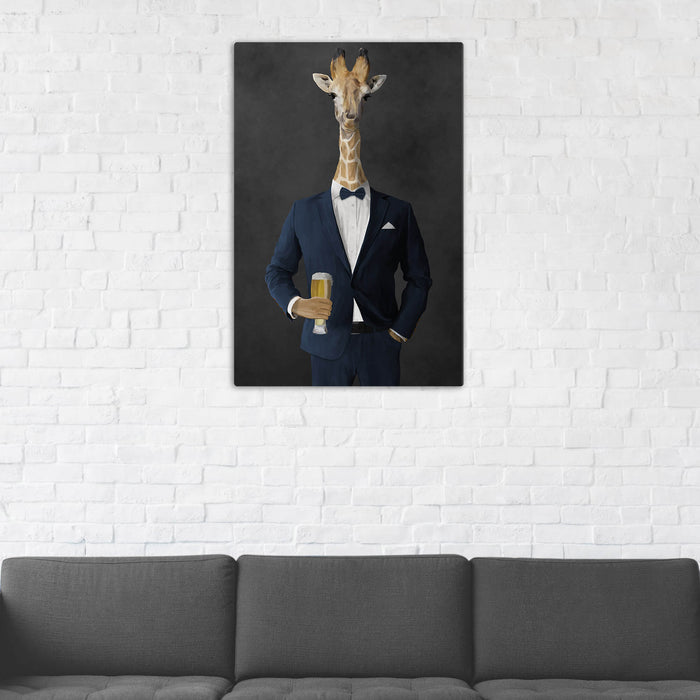 Giraffe Drinking Beer Wall Art - Navy Suit