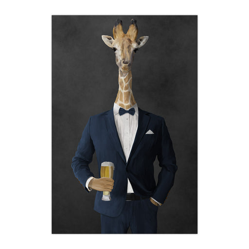 Giraffe drinking beer wearing navy suit large wall art print