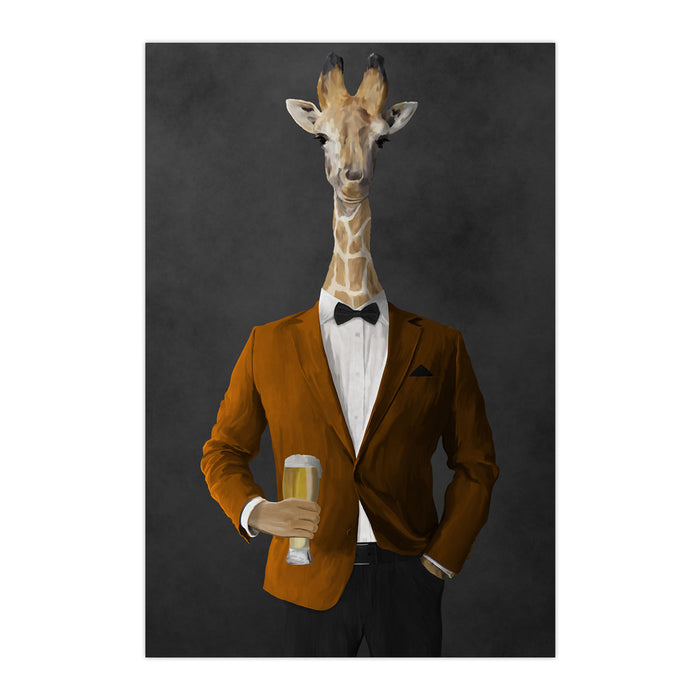 Giraffe drinking beer wearing orange and black suit large wall art print