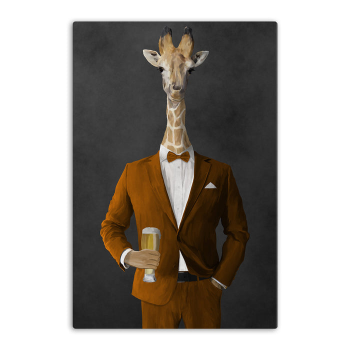 Giraffe drinking beer wearing orange suit canvas wall art