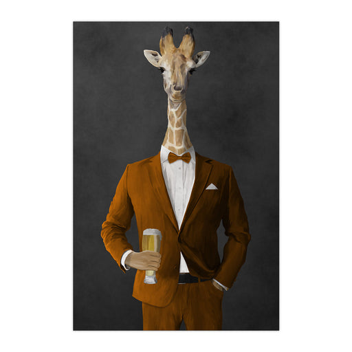 Giraffe drinking beer wearing orange suit large wall art print