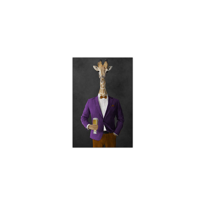 Giraffe drinking beer wearing purple and orange suit small wall art print