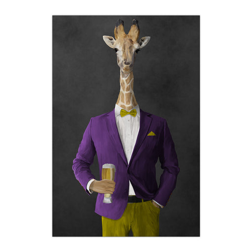 Giraffe drinking beer wearing purple and yellow suit large wall art print