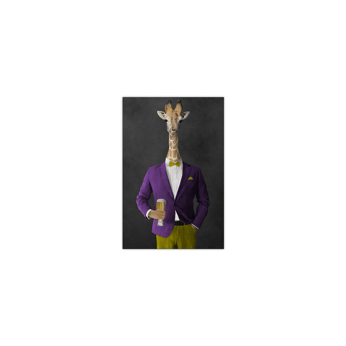 Giraffe drinking beer wearing purple and yellow suit small wall art print