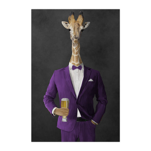 Giraffe drinking beer wearing purple suit large wall art print