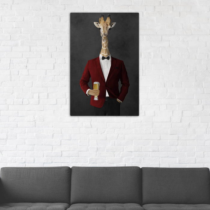 Giraffe Drinking Beer Wall Art - Red and Black Suit