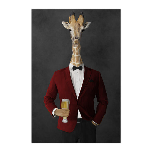 Giraffe drinking beer wearing red and black suit large wall art print