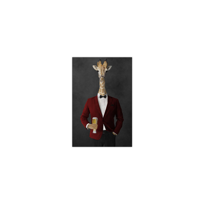 Giraffe drinking beer wearing red and black suit small wall art print