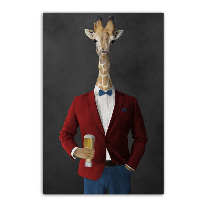 Giraffe drinking beer wearing red and blue suit canvas wall art