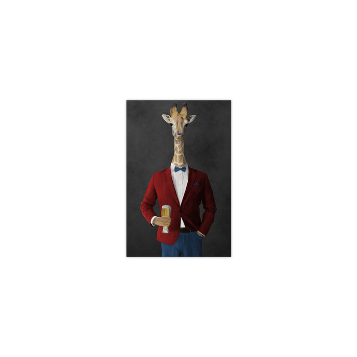 Giraffe drinking beer wearing red and blue suit small wall art print