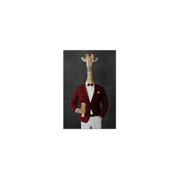 Giraffe drinking beer wearing red and white suit small wall art print