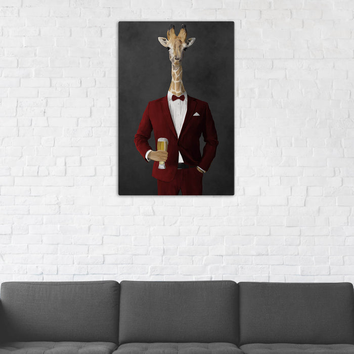 Giraffe Drinking Beer Wall Art - Red Suit