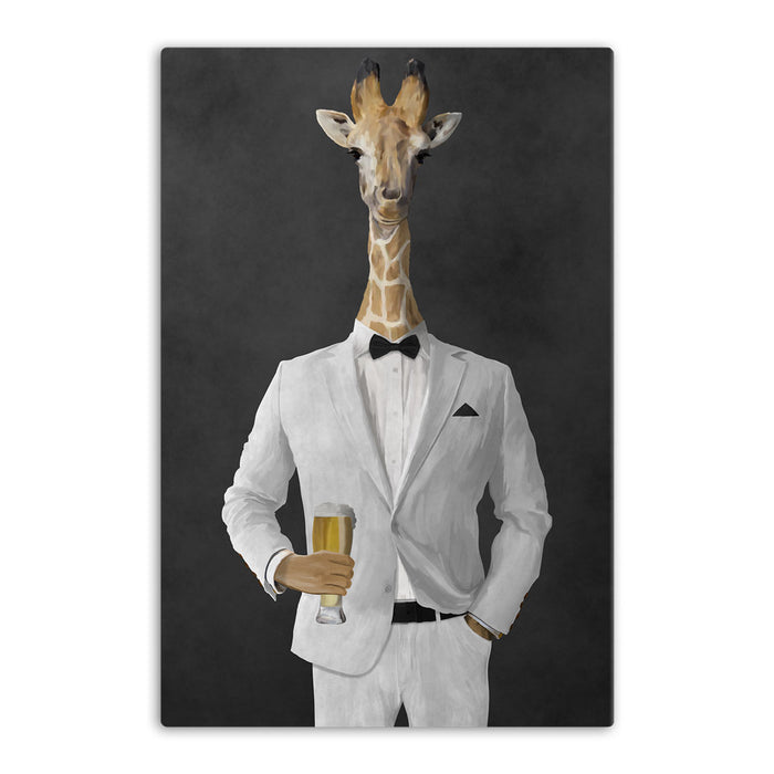 Giraffe drinking beer wearing white suit canvas wall art