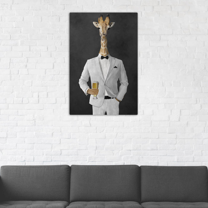 Giraffe Drinking Beer Wall Art - White Suit