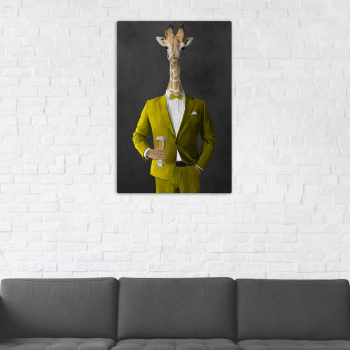 Giraffe Drinking Beer Wall Art - Yellow Suit