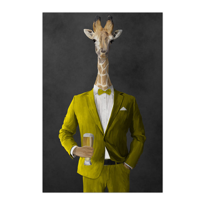 Giraffe drinking beer wearing yellow suit large wall art print