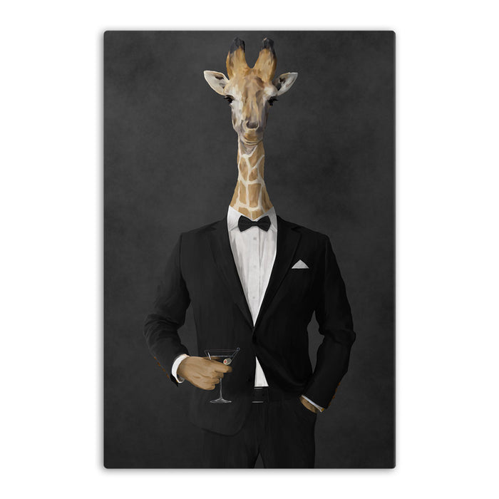 Giraffe drinking martini wearing black suit canvas wall art