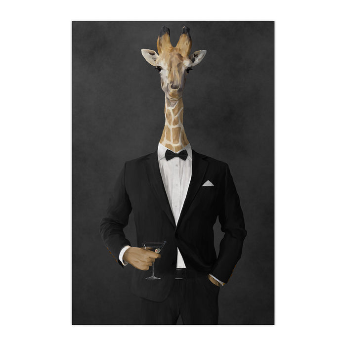 Giraffe drinking martini wearing black suit large wall art print