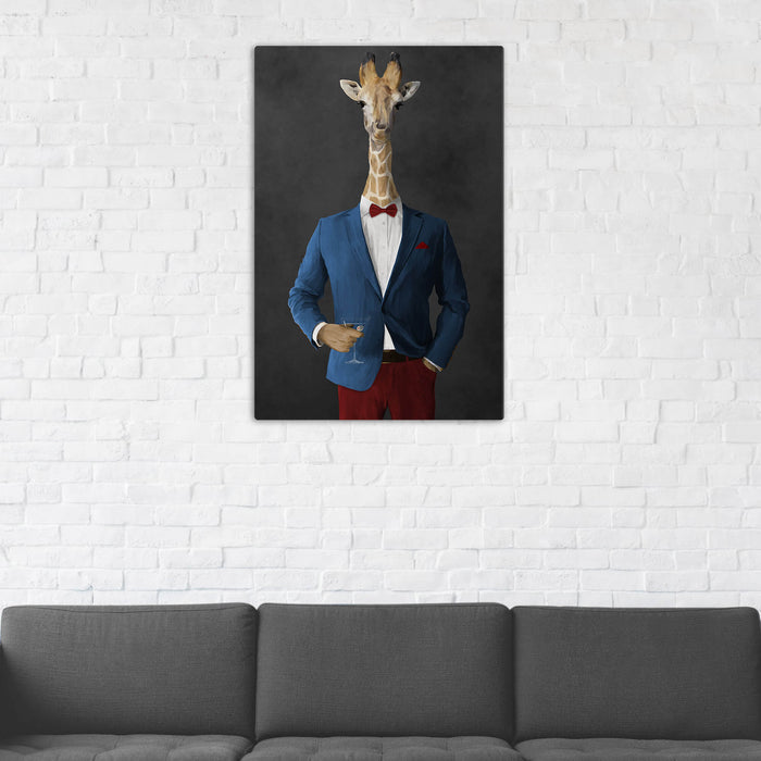 Giraffe Drinking Martini Wall Art - Blue and Red Suit