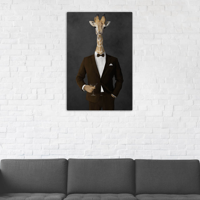 Giraffe Drinking Martini Wall Art - Brown Suit