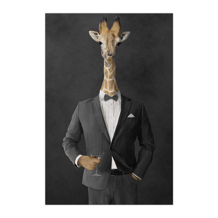 Giraffe drinking martini wearing gray suit large wall art print