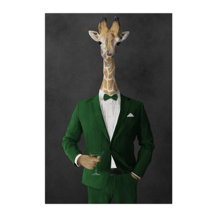 Giraffe drinking martini wearing green suit large wall art print