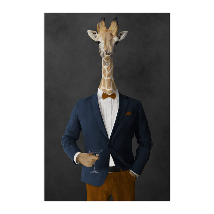 Giraffe drinking martini wearing navy and orange suit large wall art print