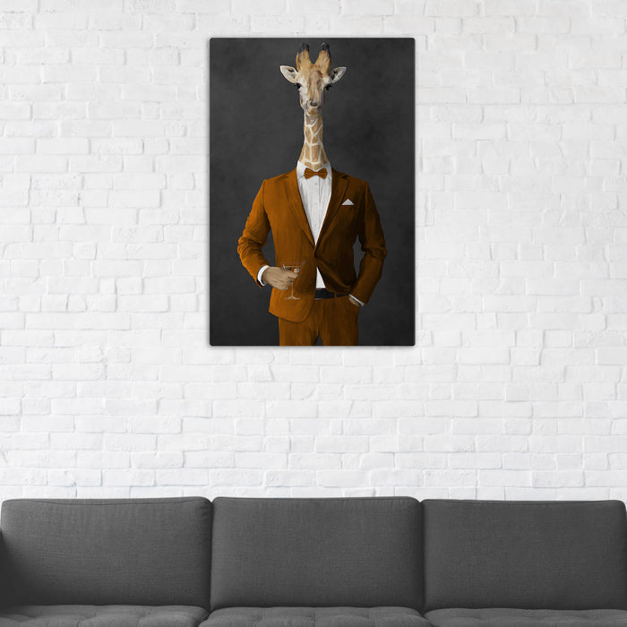 Giraffe Drinking Martini Wall Art - Orange Suit