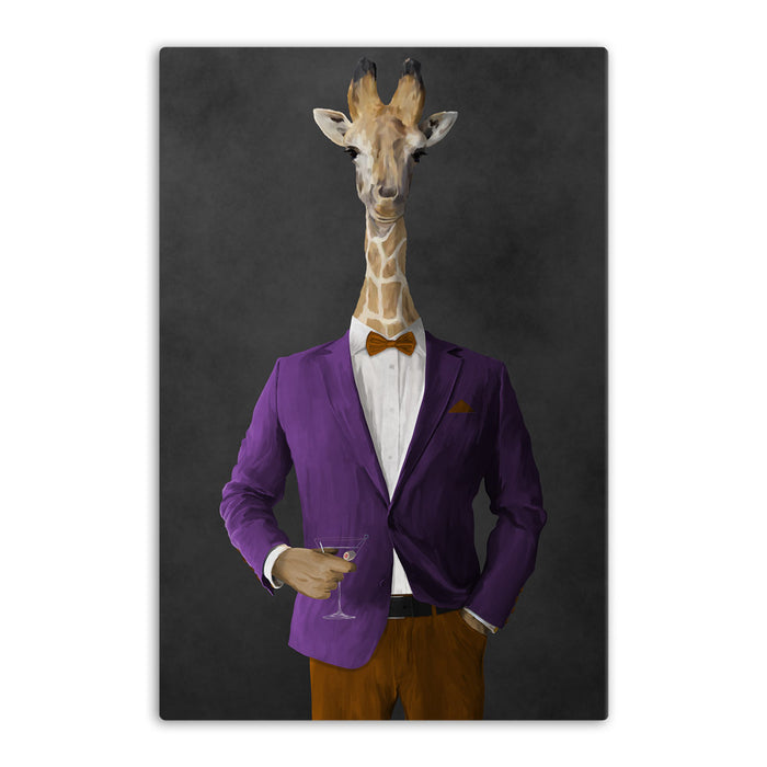 Giraffe drinking martini wearing purple and orange suit canvas wall art