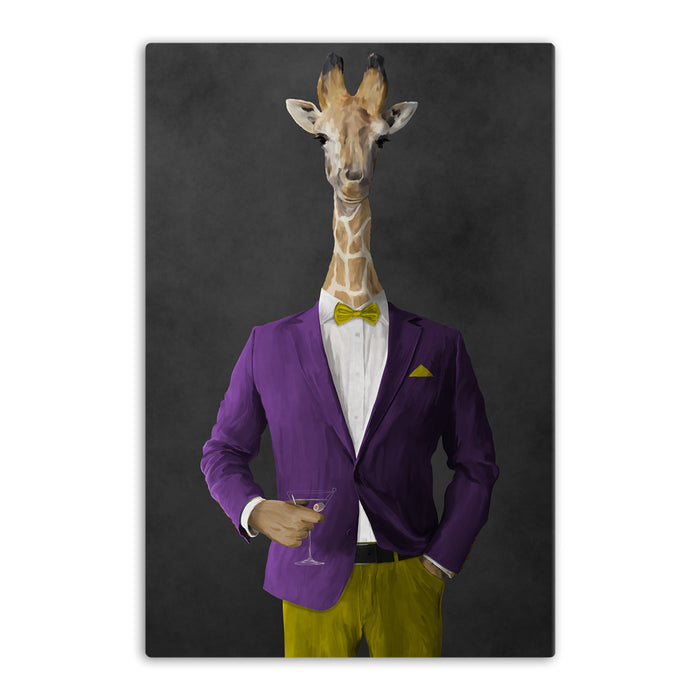 Giraffe drinking martini wearing purple and yellow suit canvas wall art