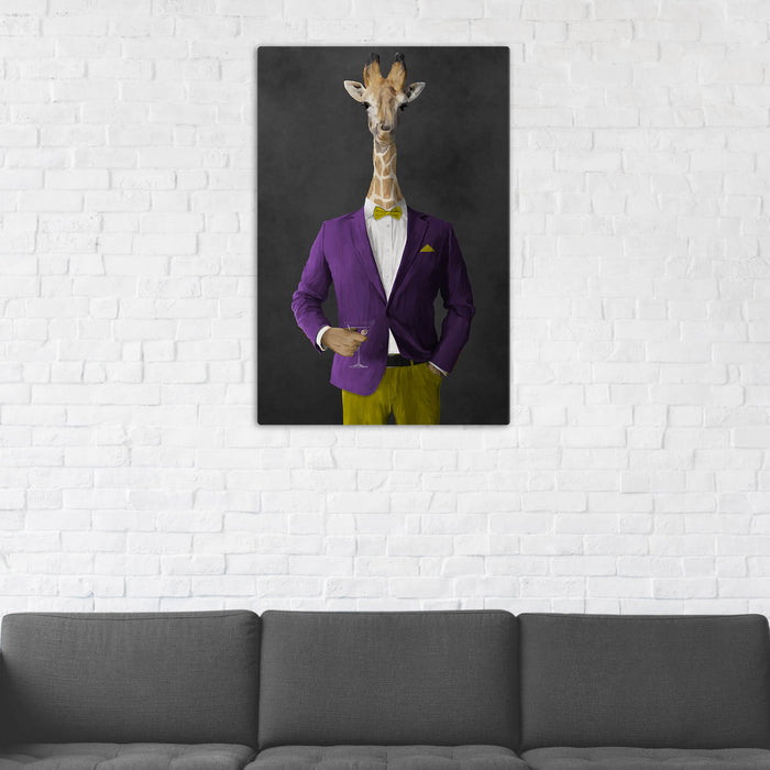 Giraffe Drinking Martini Wall Art - Purple and Yellow Suit