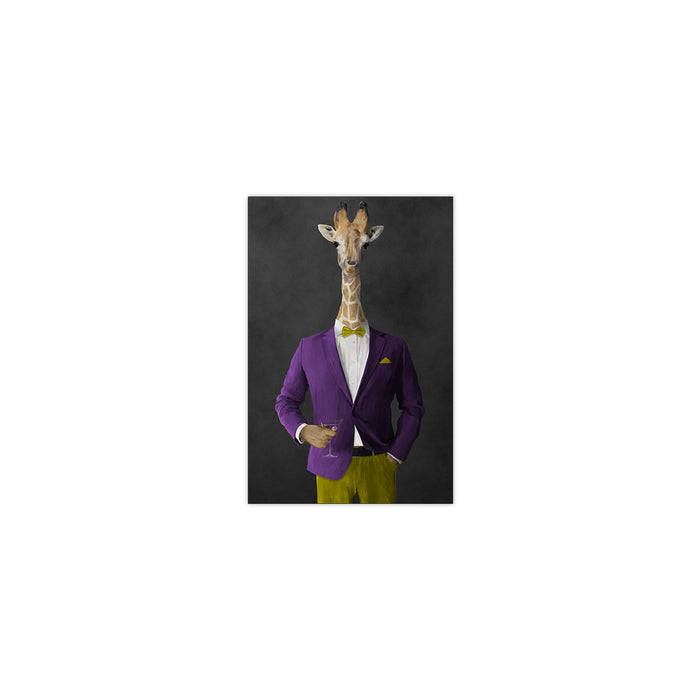Giraffe drinking martini wearing purple and yellow suit small wall art print