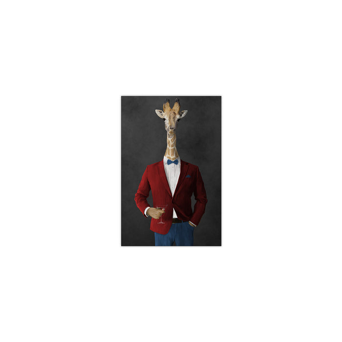 Giraffe drinking martini wearing red and blue suit small wall art print