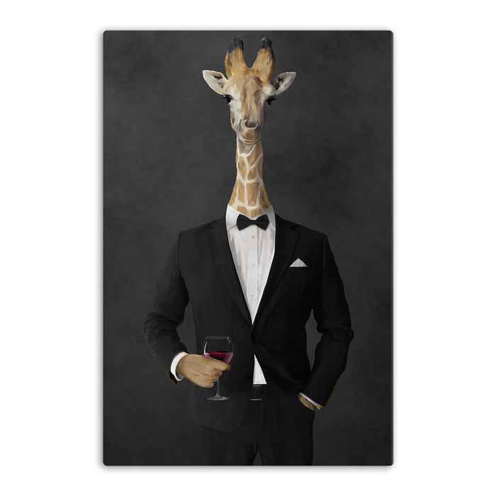 Giraffe drinking red wine wearing black suit canvas wall art